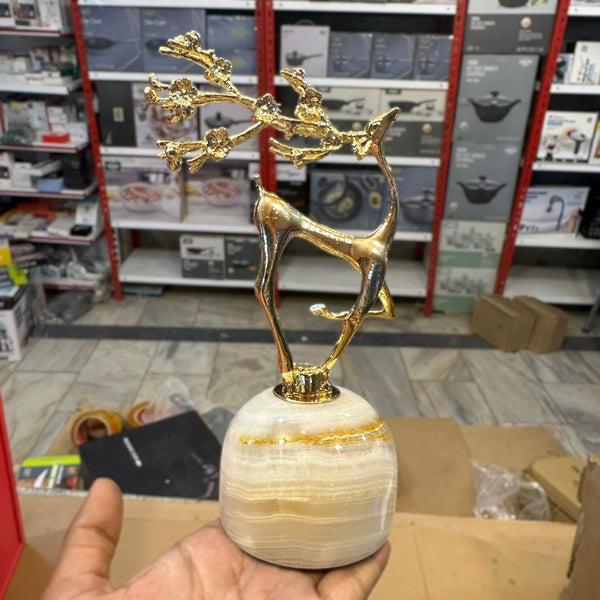 Golden Deer Figurine with Marble Base